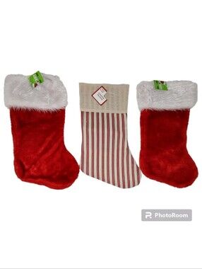 Set of 3 NWT Christmas Stockings Bundle 2 Classic Red Plush & 1 Farmhouse Stripe